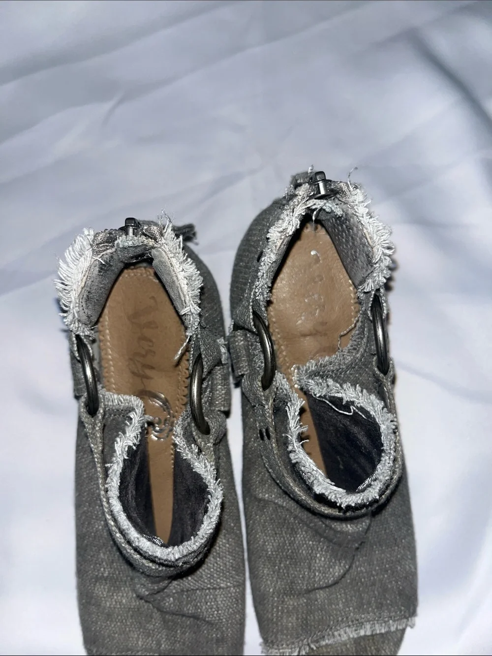 Very G Gray Frayed Open-Toe Ankle Booties with Buckle Strap